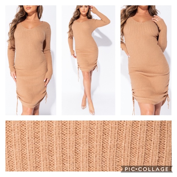 Camel Ruched Side Knitted Dress - Picture 2 of 7